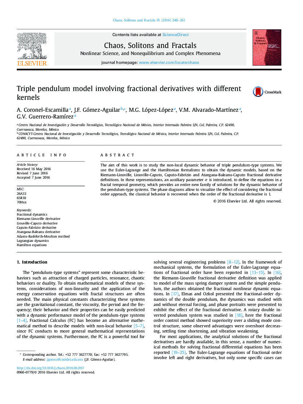 Triple pendulum model involving fractional derivatives with different kernels