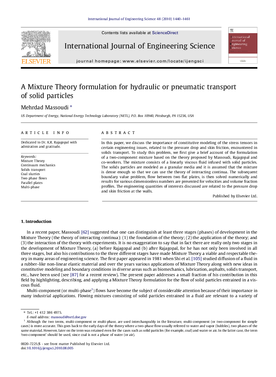 A Mixture Theory formulation for hydraulic or pneumatic transport of solid particles