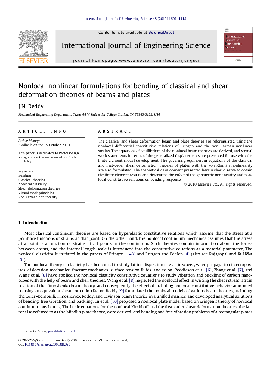 Nonlocal nonlinear formulations for bending of classical and shear deformation theories of beams and plates