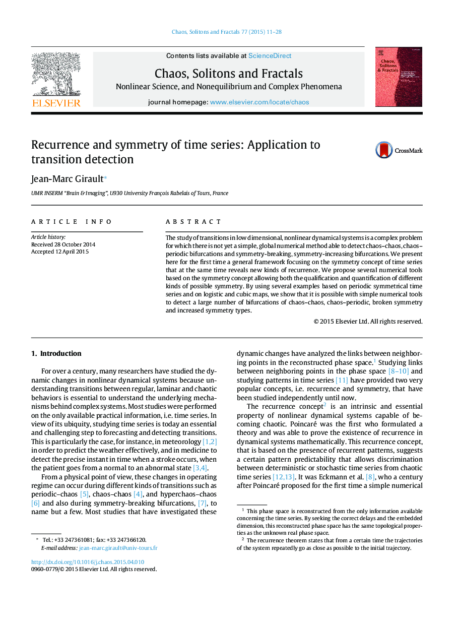 Recurrence and symmetry of time series: Application to transition detection