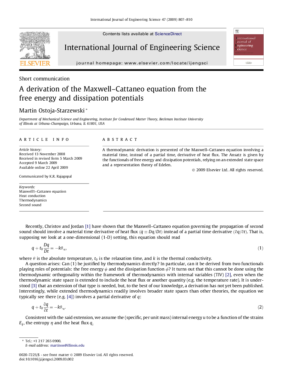 A derivation of the Maxwell–Cattaneo equation from the free energy and dissipation potentials