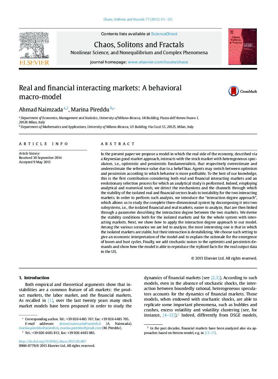 Real and financial interacting markets: A behavioral macro-model