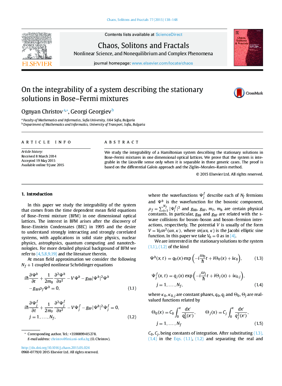 On the integrability of a system describing the stationary solutions in Bose-Fermi mixtures