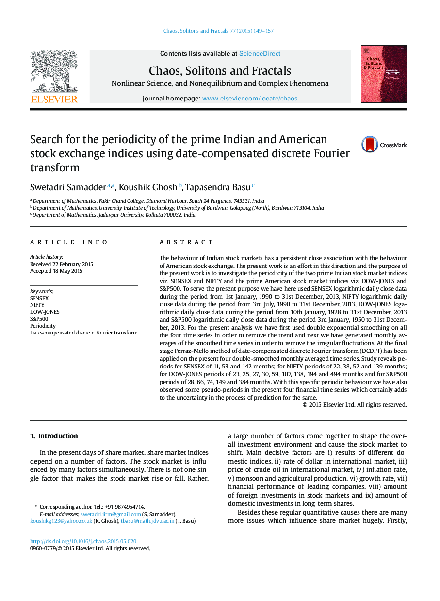 Search for the periodicity of the prime Indian and American stock exchange indices using date-compensated discrete Fourier transform
