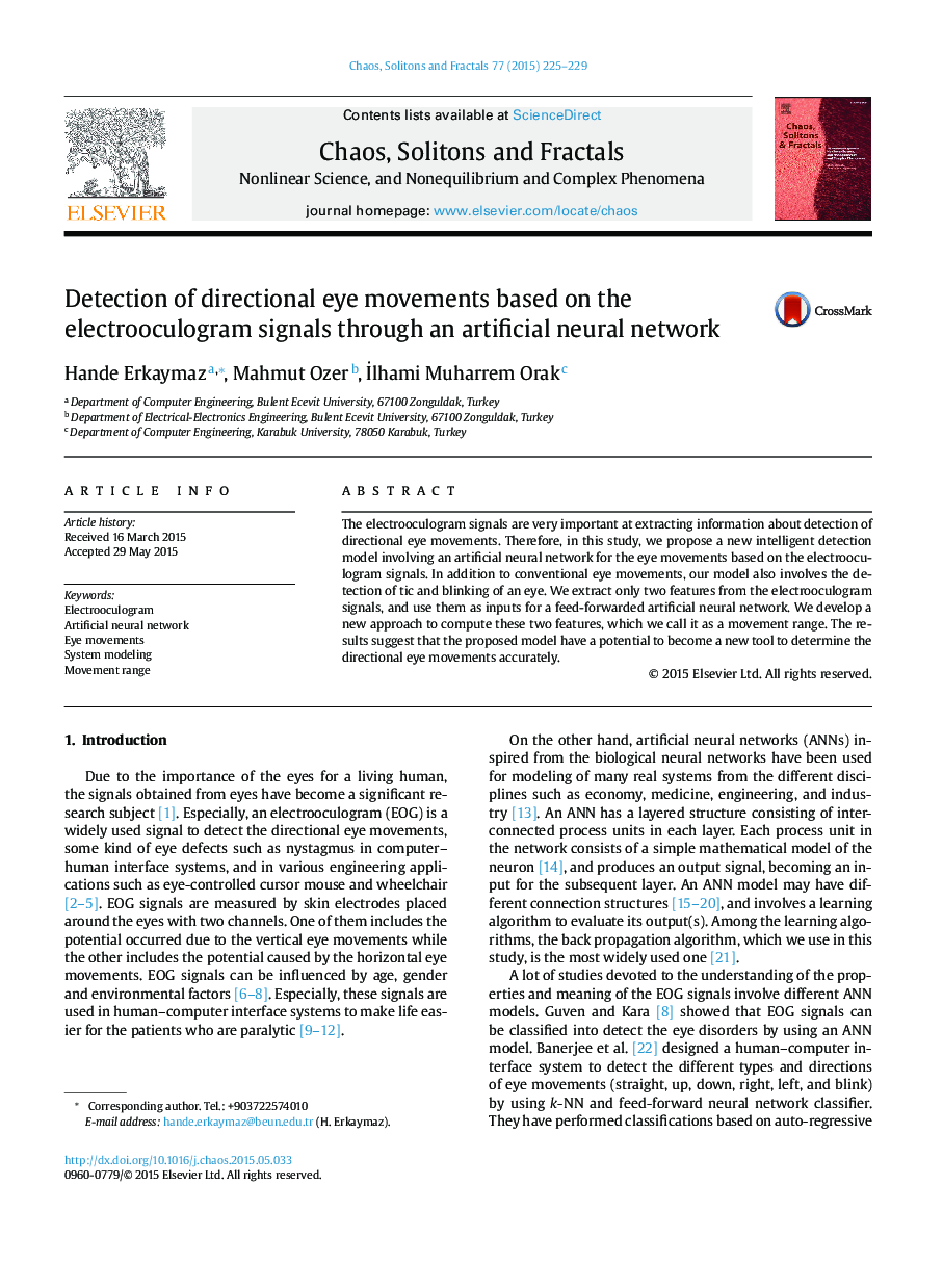 Detection of directional eye movements based on the electrooculogram signals through an artificial neural network