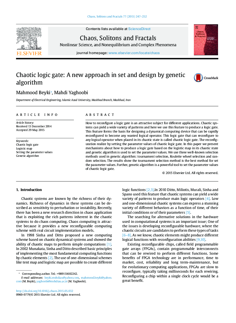 Chaotic logic gate: A new approach in set and design by genetic algorithm