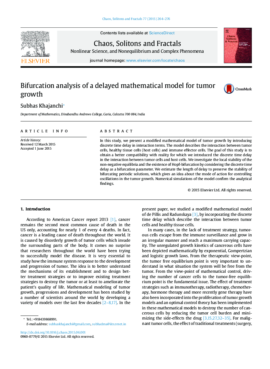 Bifurcation analysis of a delayed mathematical model for tumor growth