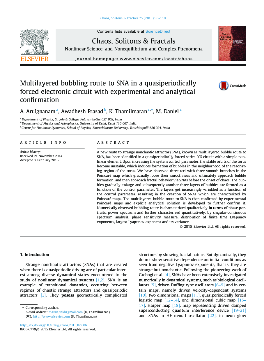عکس صفحه اول مقاله: Multilayered bubbling route to SNA in a quasiperiodically forced electronic circuit with experimental and analytical confirmation Multilayered bubbling route to SNA in a quasiperiodically forced electronic circuit with experimental and analytical confirmation