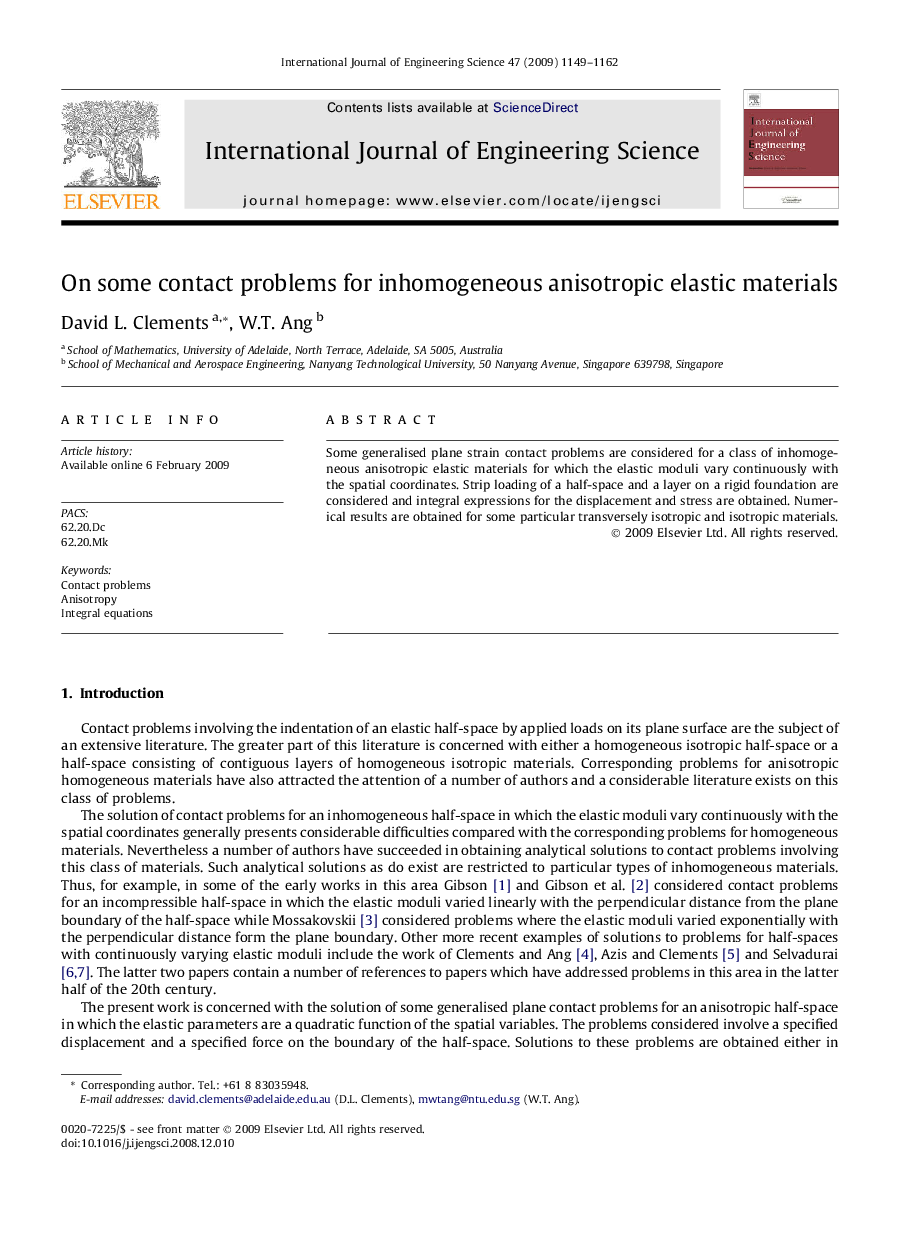 On some contact problems for inhomogeneous anisotropic elastic materials