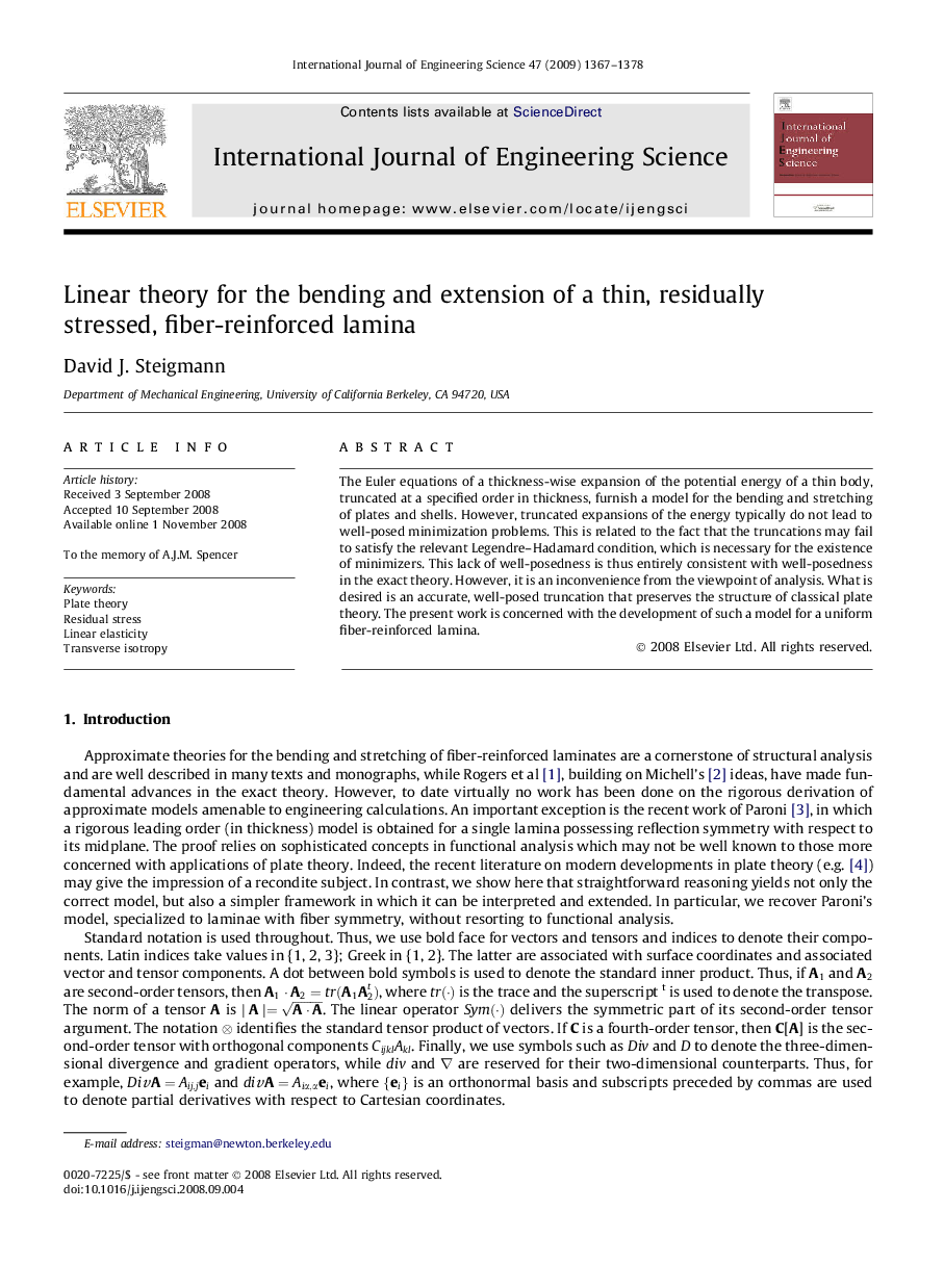 Linear theory for the bending and extension of a thin, residually stressed, fiber-reinforced lamina