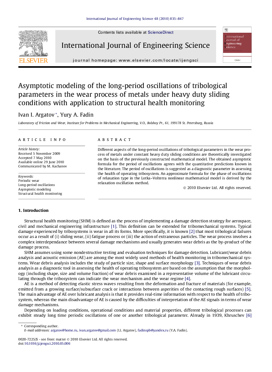 Asymptotic modeling of the long-period oscillations of tribological parameters in the wear process of metals under heavy duty sliding conditions with application to structural health monitoring