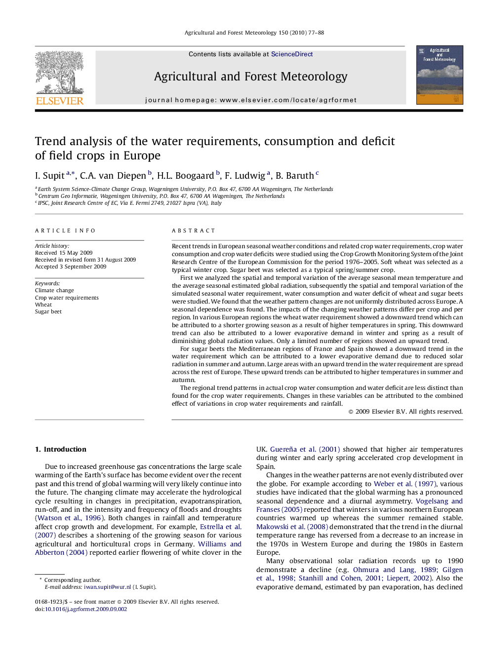 Trend analysis of the water requirements, consumption and deficit of field crops in Europe