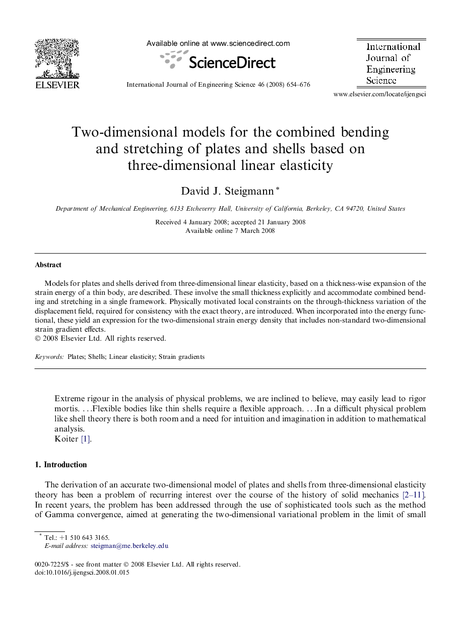 Two-dimensional models for the combined bending and stretching of plates and shells based on three-dimensional linear elasticity