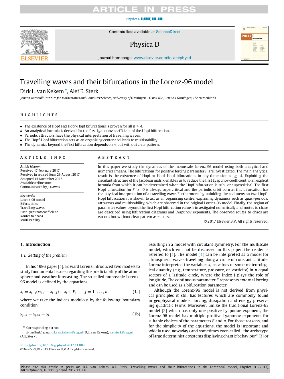 Travelling waves and their bifurcations in the Lorenz-96 model