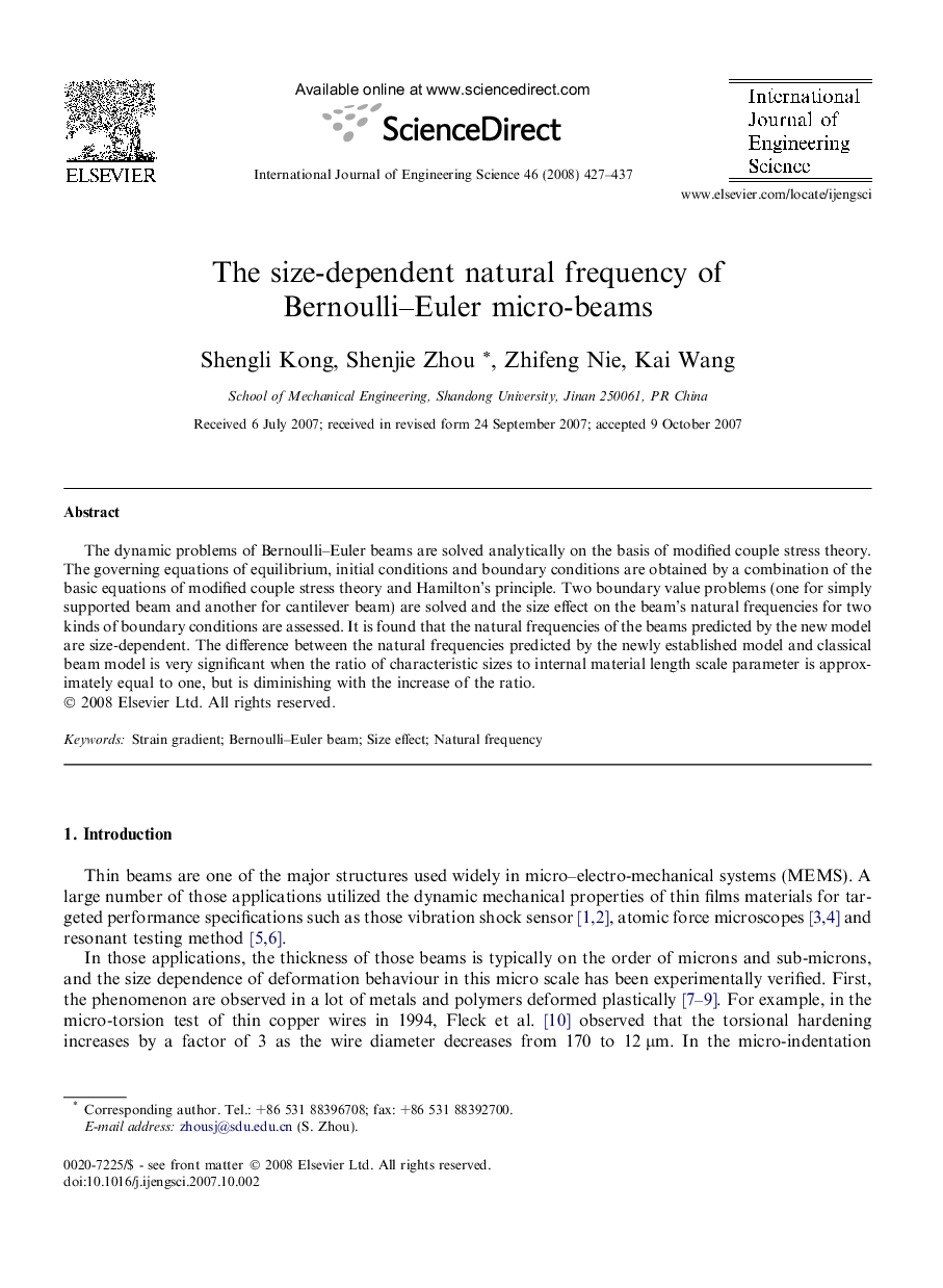 The size-dependent natural frequency of Bernoulli–Euler micro-beams