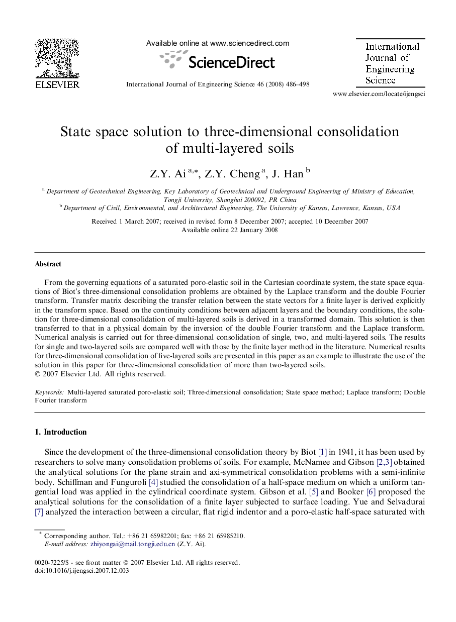 State space solution to three-dimensional consolidation of multi-layered soils