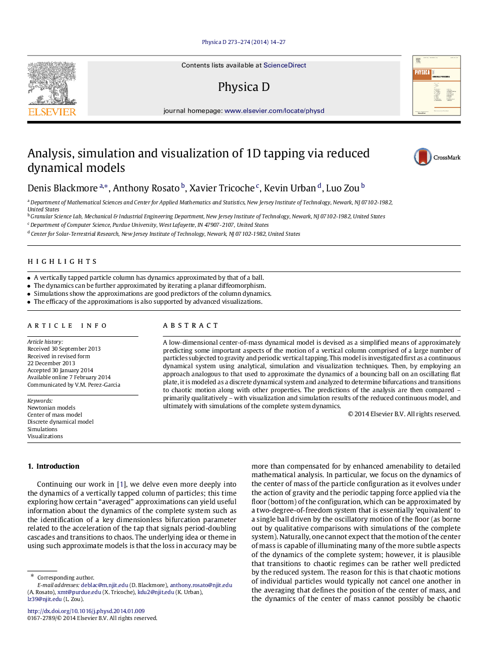 Analysis, simulation and visualization of 1D tapping via reduced dynamical models