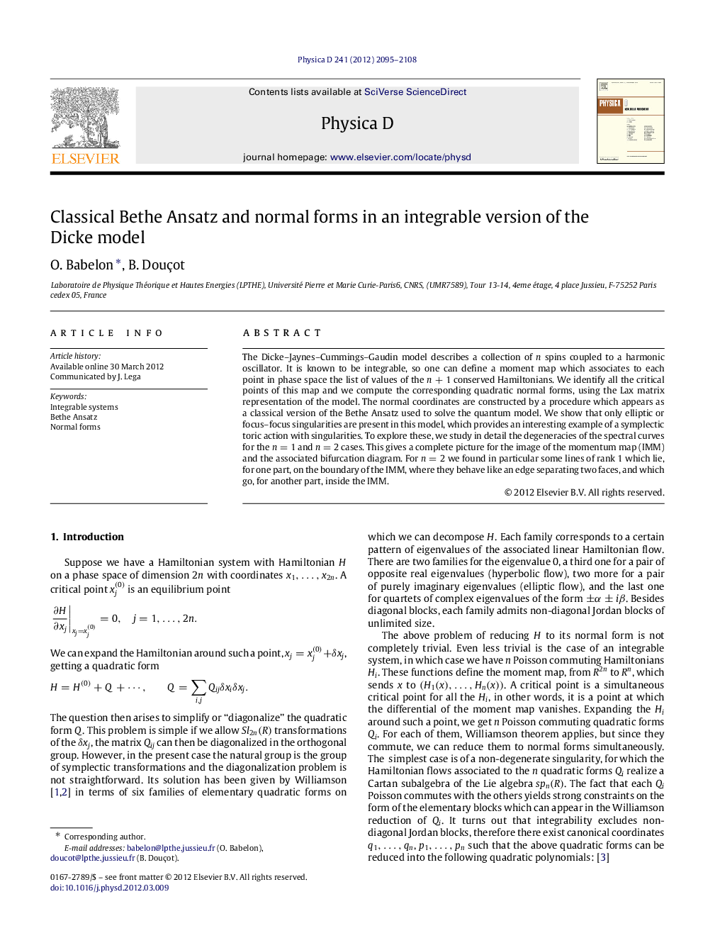 Classical Bethe Ansatz and normal forms in an integrable version of the Dicke model