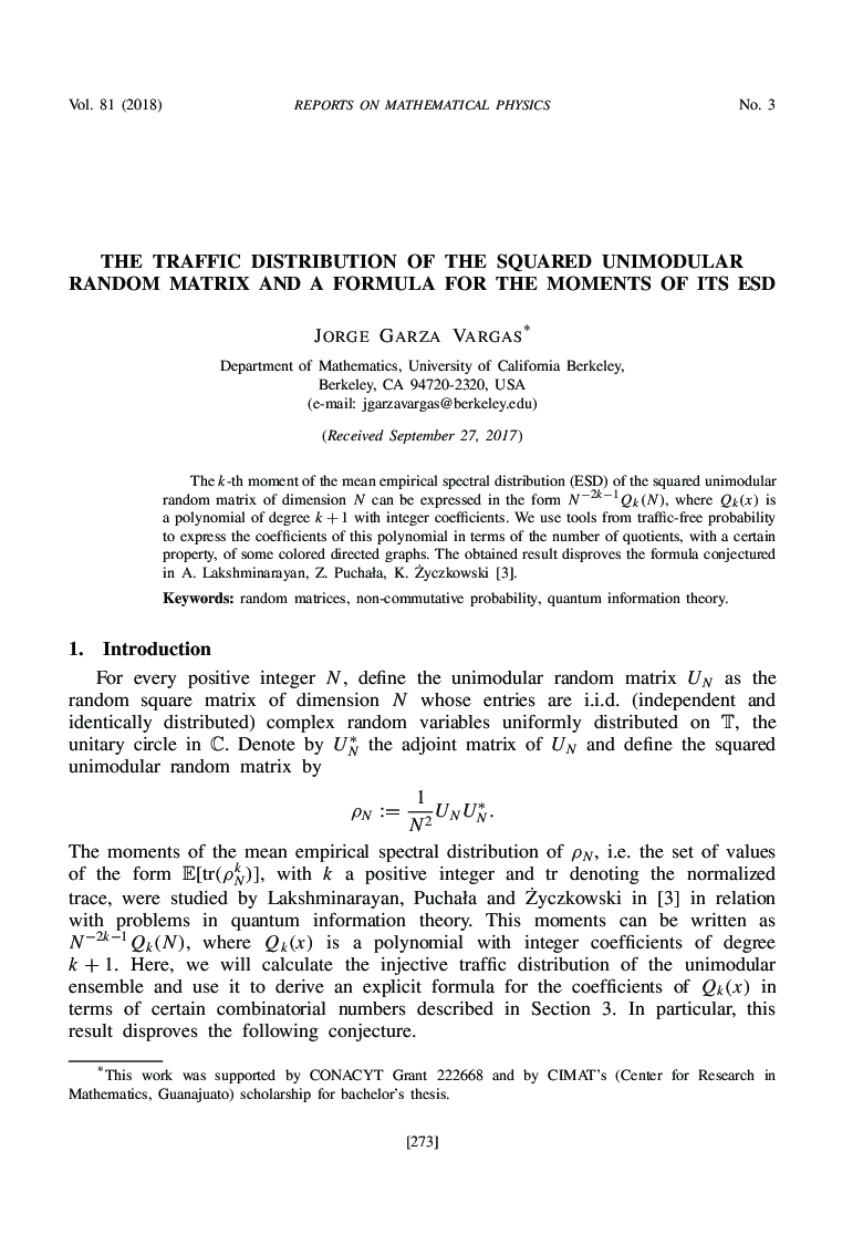 The Traffic Distribution of the Squared Unimodular Random Matrix and a Formula for the Moments of its ESD