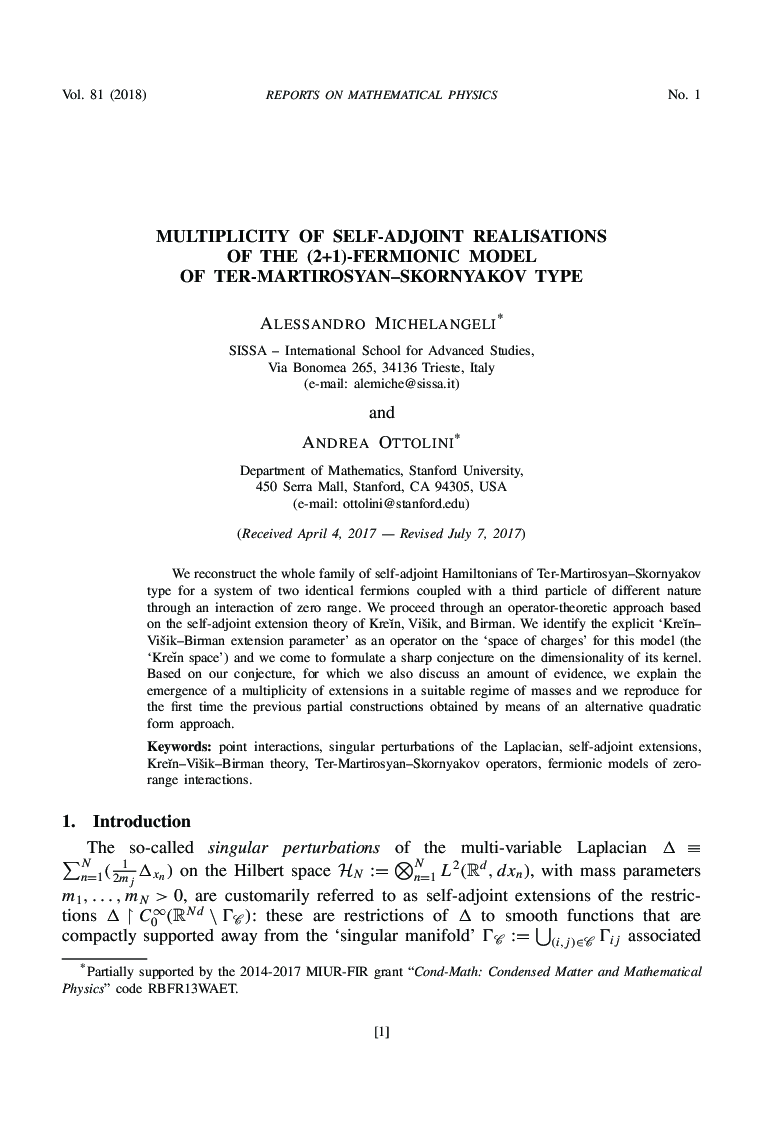Multiplicity of self-adjoint realisations of the (2+1)-fermionic model of Ter-Martirosyan-Skornyakov type