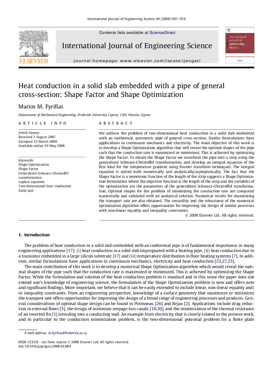 Heat conduction in a solid slab embedded with a pipe of general cross-section: Shape Factor and Shape Optimization