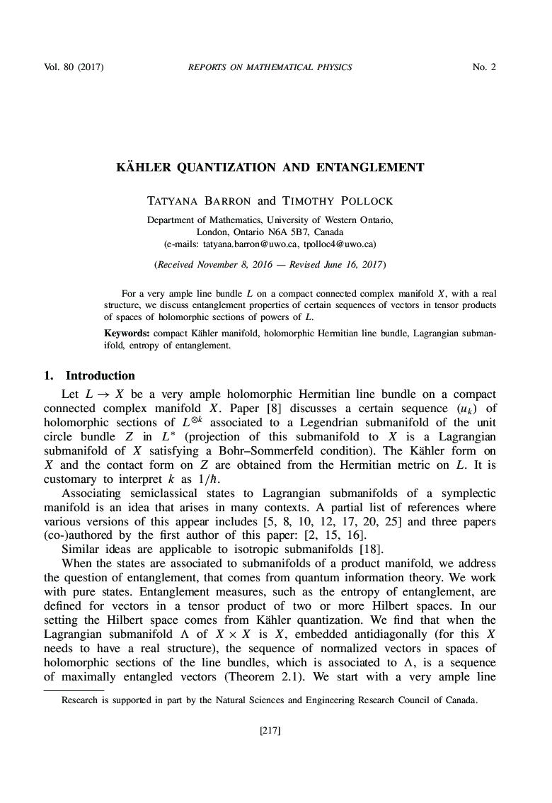 Kähler quantization and entanglement