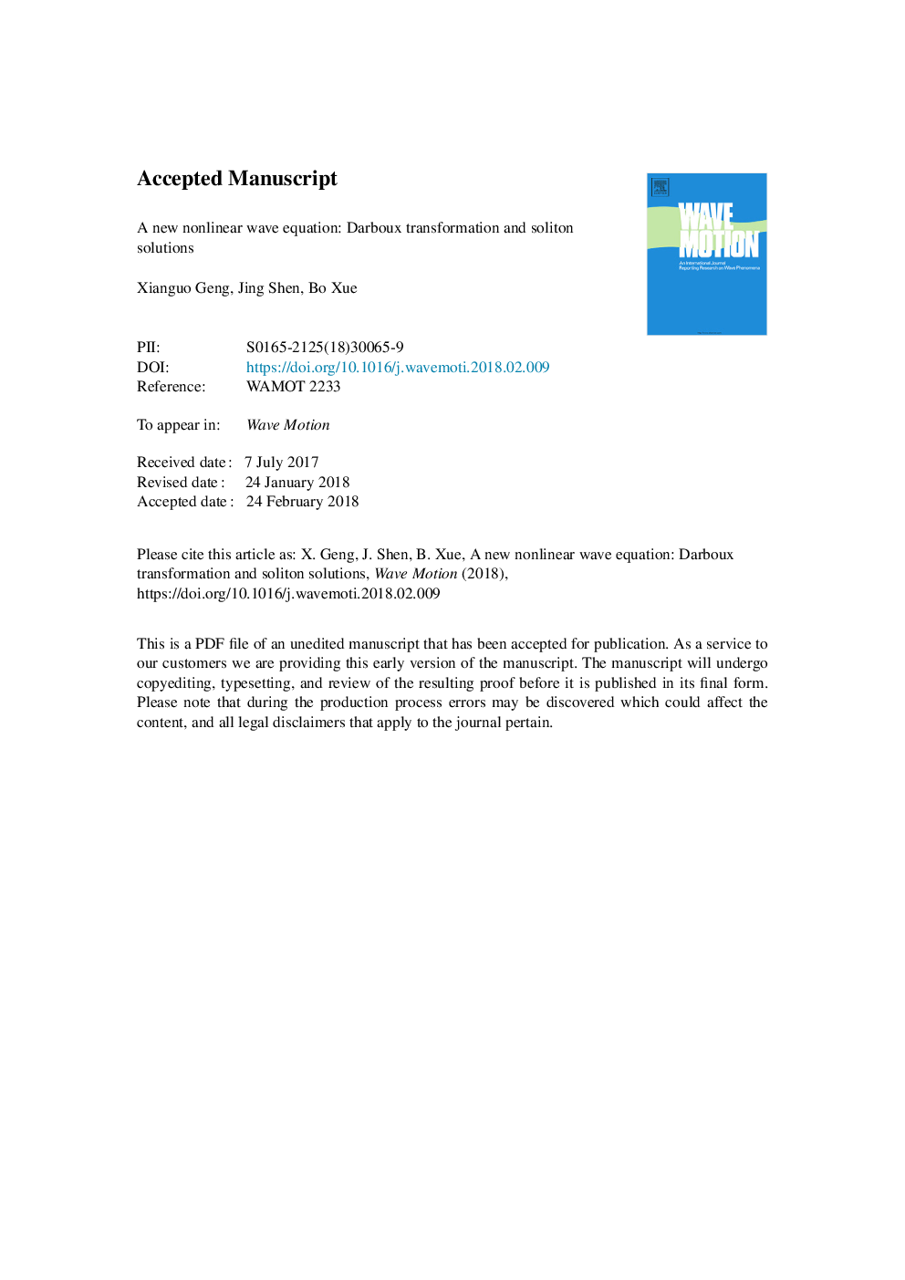 A new nonlinear wave equation: Darboux transformation and soliton solutions