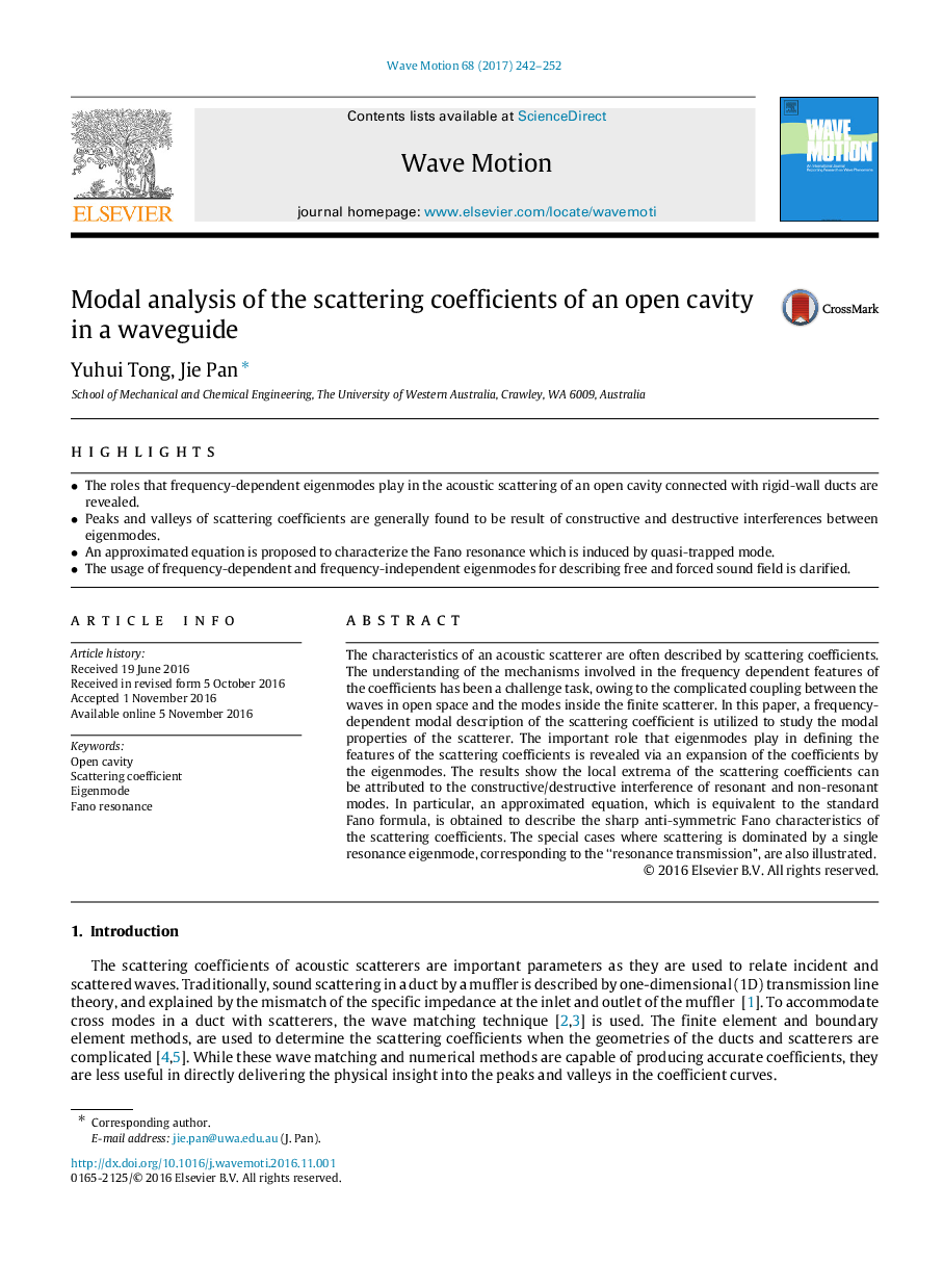 Modal analysis of the scattering coefficients of an open cavity in a waveguide