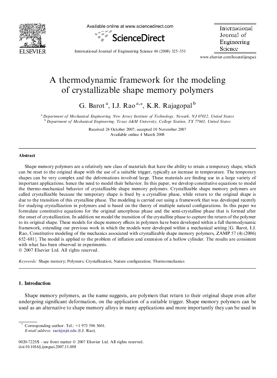 A thermodynamic framework for the modeling of crystallizable shape memory polymers