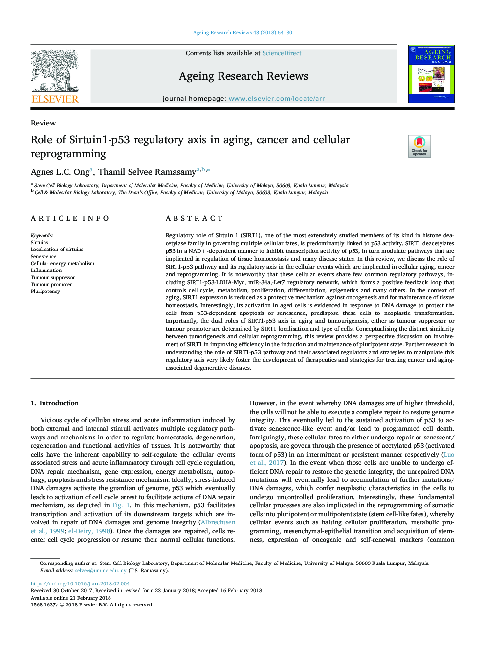 Role of Sirtuin1-p53 regulatory axis in aging, cancer and cellular reprogramming