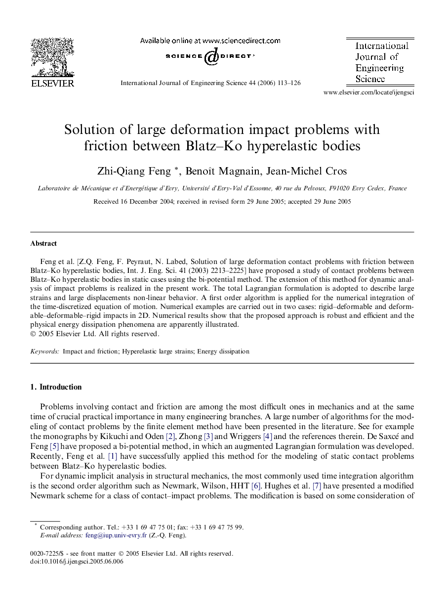 Solution of large deformation impact problems with friction between Blatz–Ko hyperelastic bodies