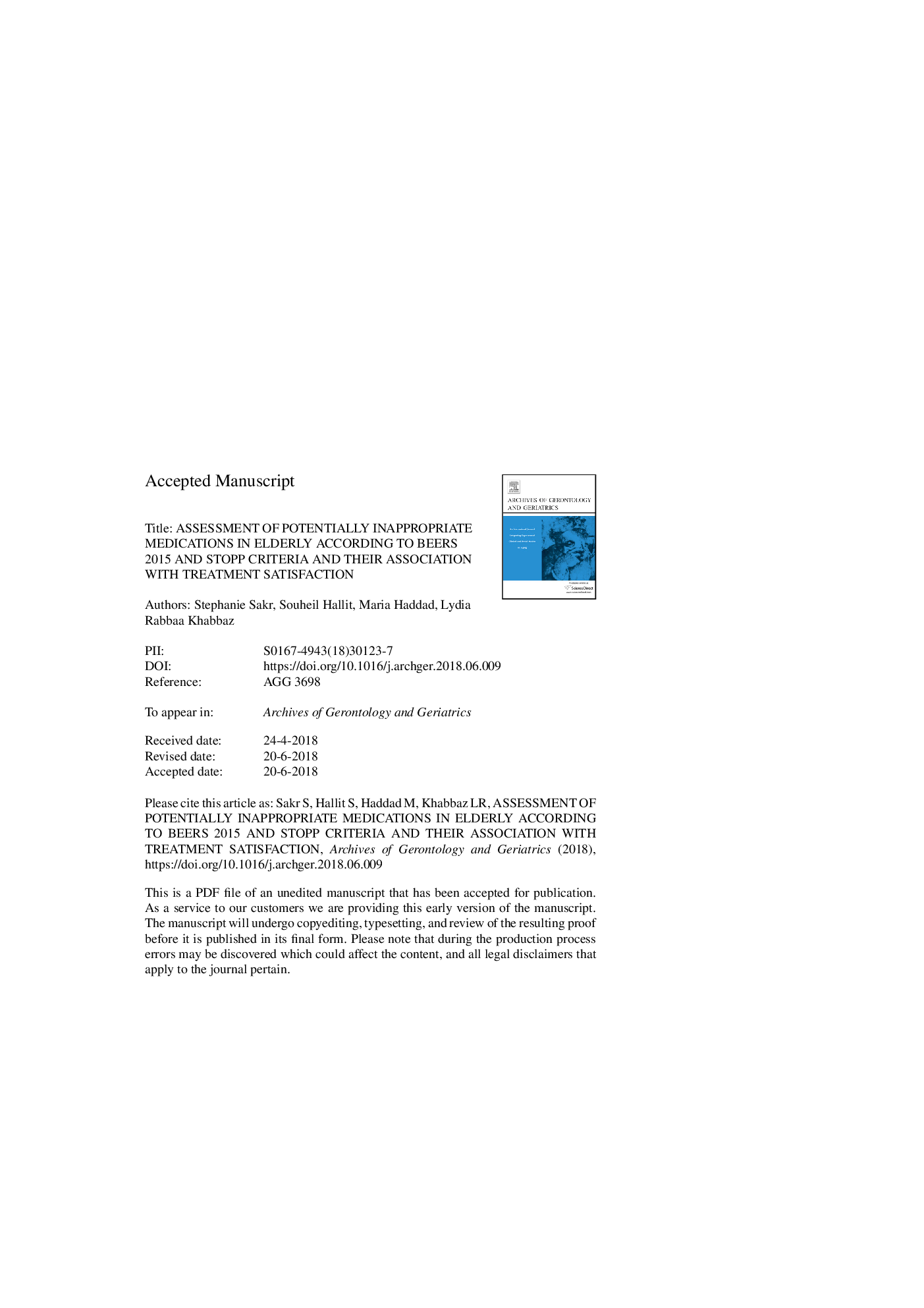 Assessment of potentially inappropriate medications in elderly according to Beers 2015 and STOPP criteria and their association with treatment satisfaction