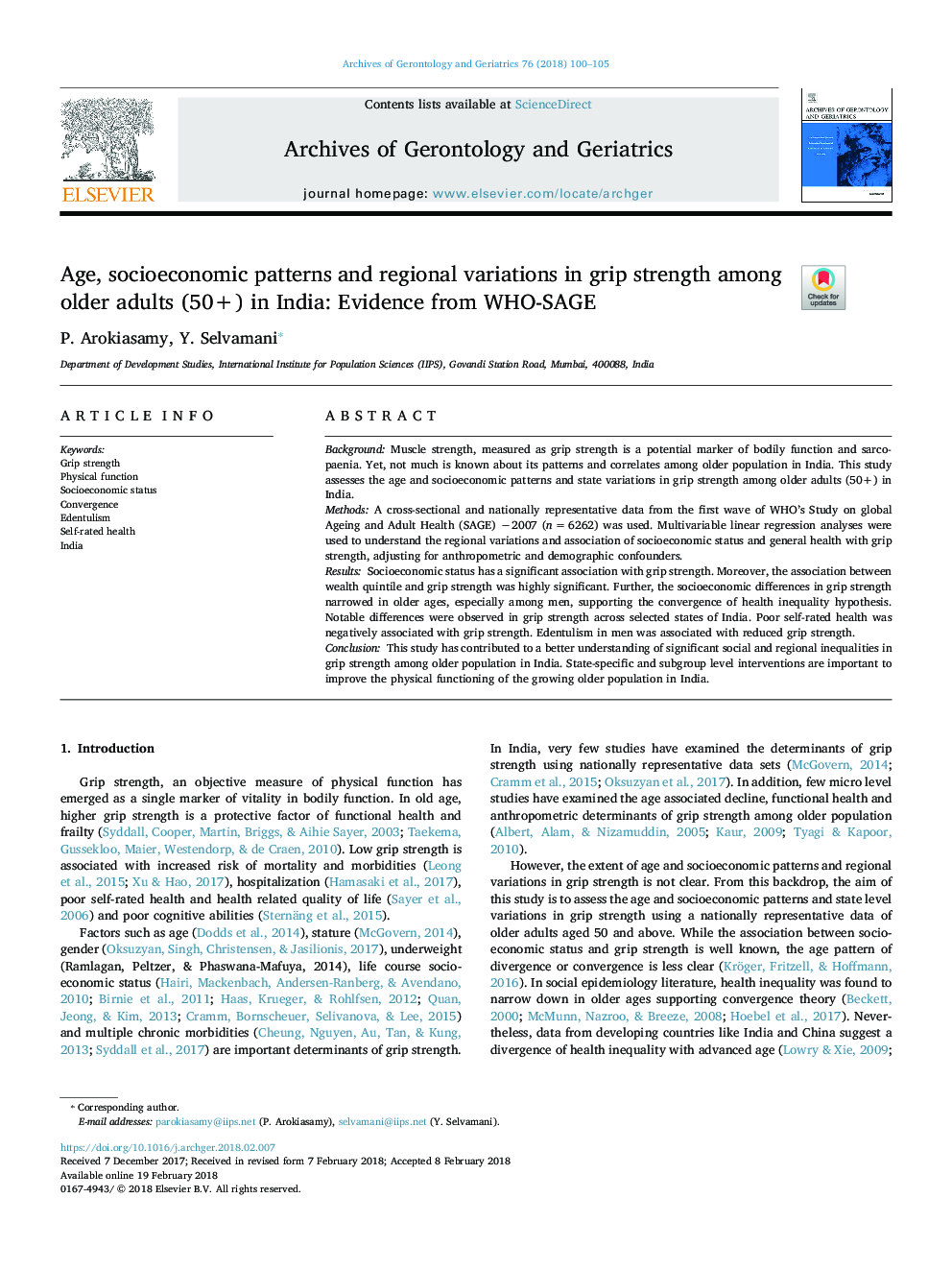 Age, socioeconomic patterns and regional variations in grip strength among older adults (50+) in India: Evidence from WHO's Study on Global Ageing and Adult Health (SAGE)