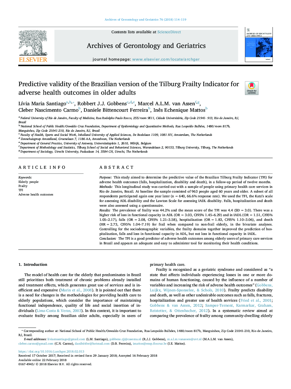 Predictive validity of the Brazilian version of the Tilburg Frailty Indicator for adverse health outcomes in older adults