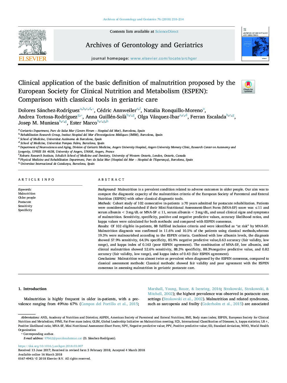 Clinical application of the basic definition of malnutrition proposed by the European Society for Clinical Nutrition and Metabolism (ESPEN): Comparison with classical tools in geriatric care