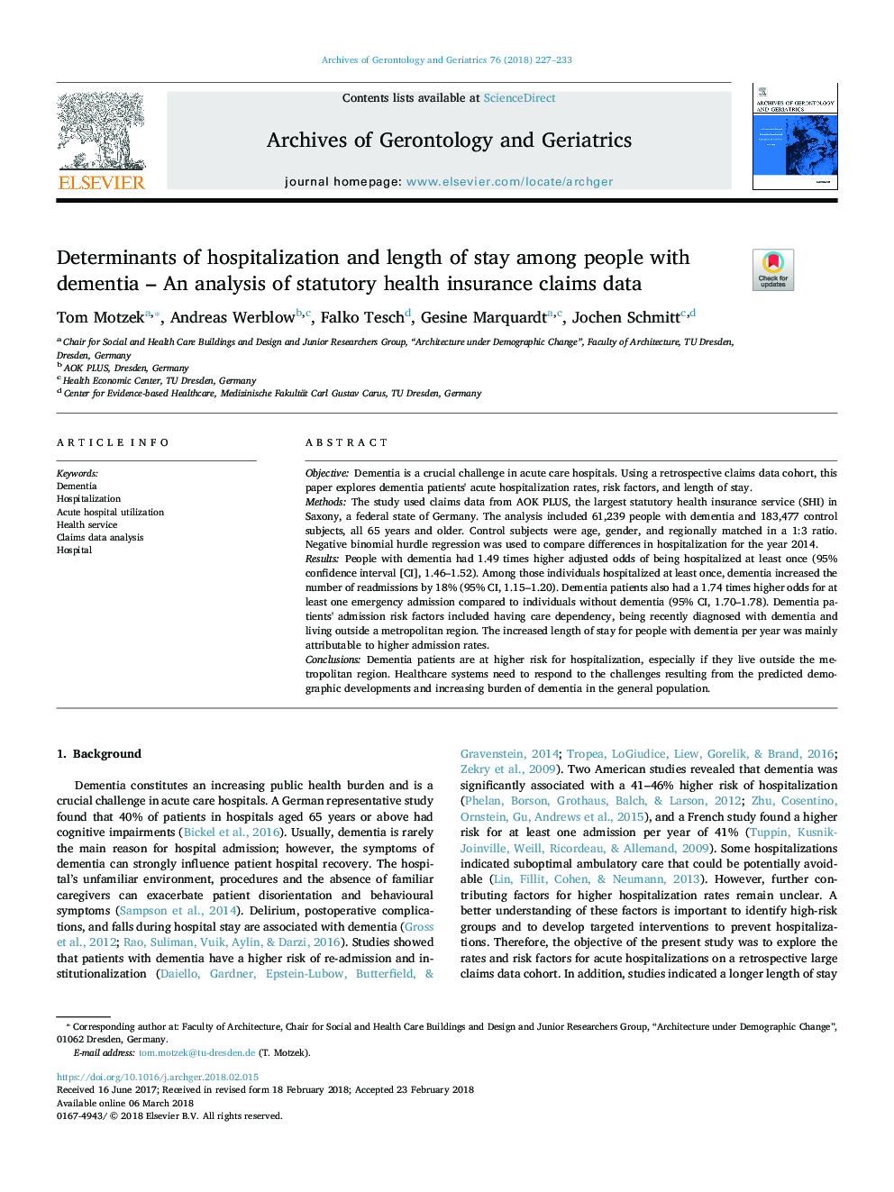 Determinants of hospitalization and length of stay among people with dementia - An analysis of statutory health insurance claims data