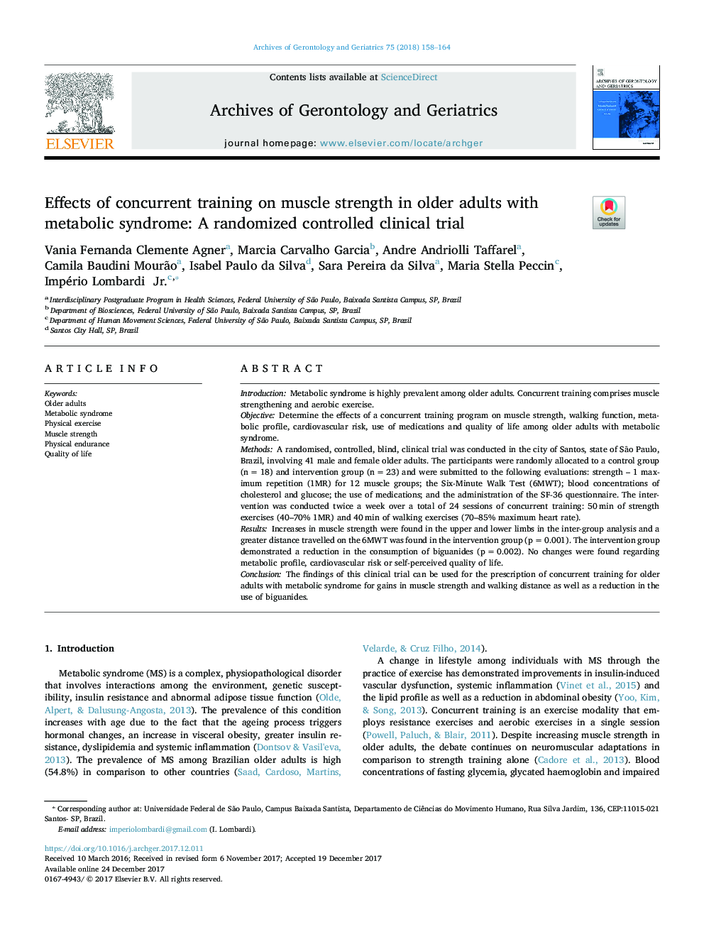 Effects of concurrent training on muscle strength in older adults with metabolic syndrome: A randomized controlled clinical trial