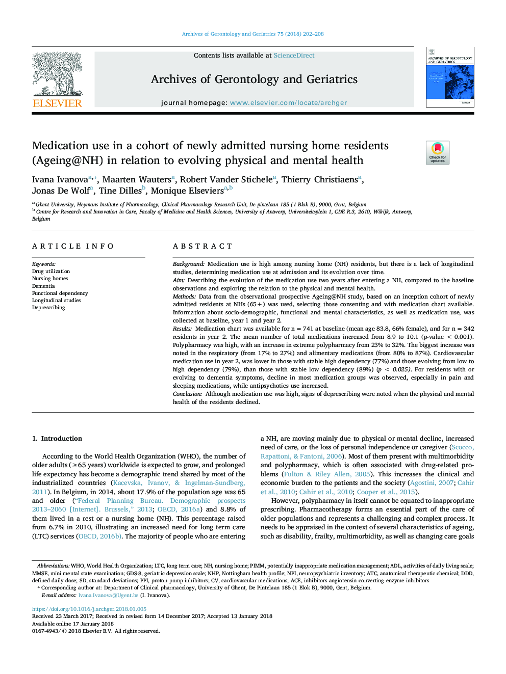 Medication use in a cohort of newly admitted nursing home residents (Ageing@NH) in relation to evolving physical and mental health