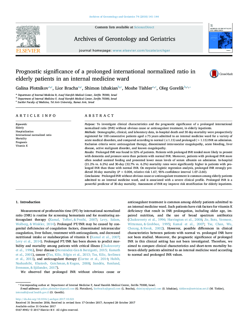 Prognostic significance of a prolonged international normalized ratio in elderly patients in an internal medicine ward