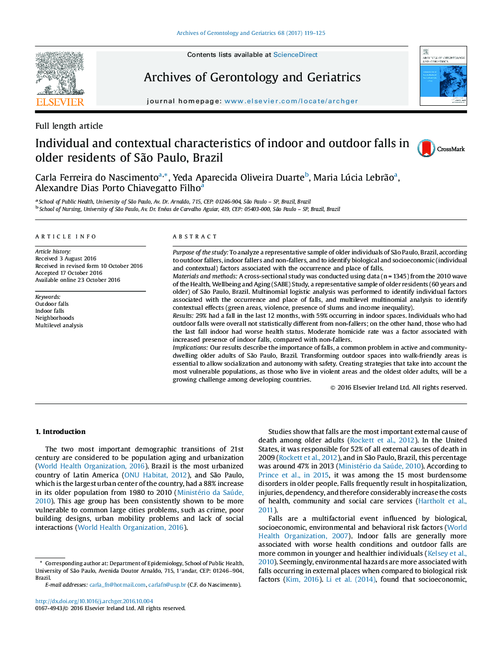 Individual and contextual characteristics of indoor and outdoor falls in older residents of SÃ£o Paulo, Brazil