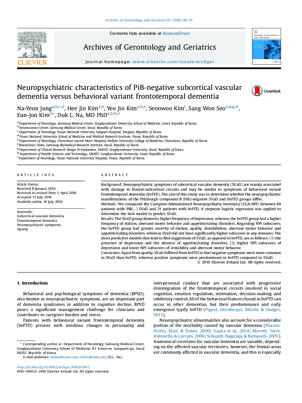 Neuropsychiatric characteristics of PiB-negative subcortical vascular dementia versus behavioral variant frontotemporal dementia