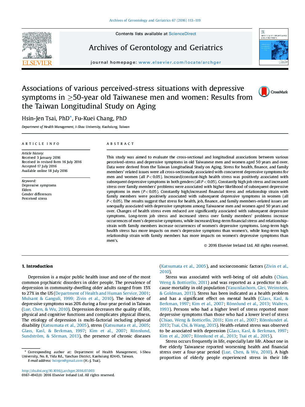 Associations of various perceived-stress situations with depressive symptoms in â¥50-year old Taiwanese men and women: Results from the Taiwan Longitudinal Study on Aging