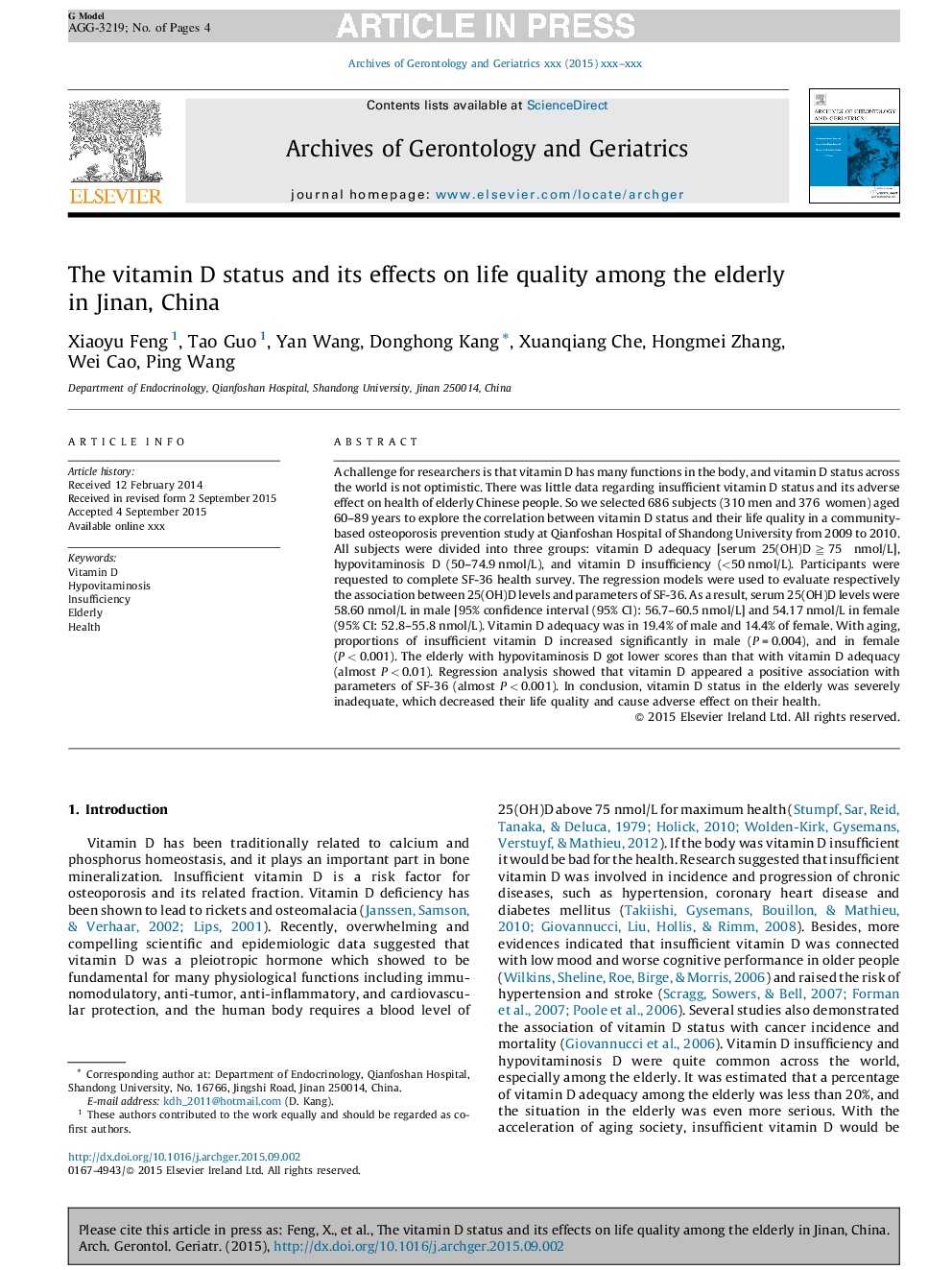 The vitamin D status and its effects on life quality among the elderly in Jinan, China