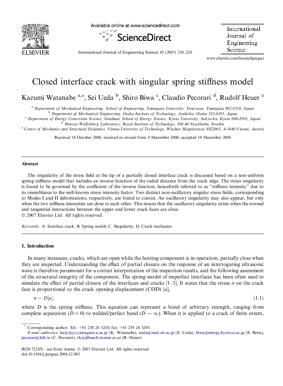 Closed interface crack with singular spring stiffness model