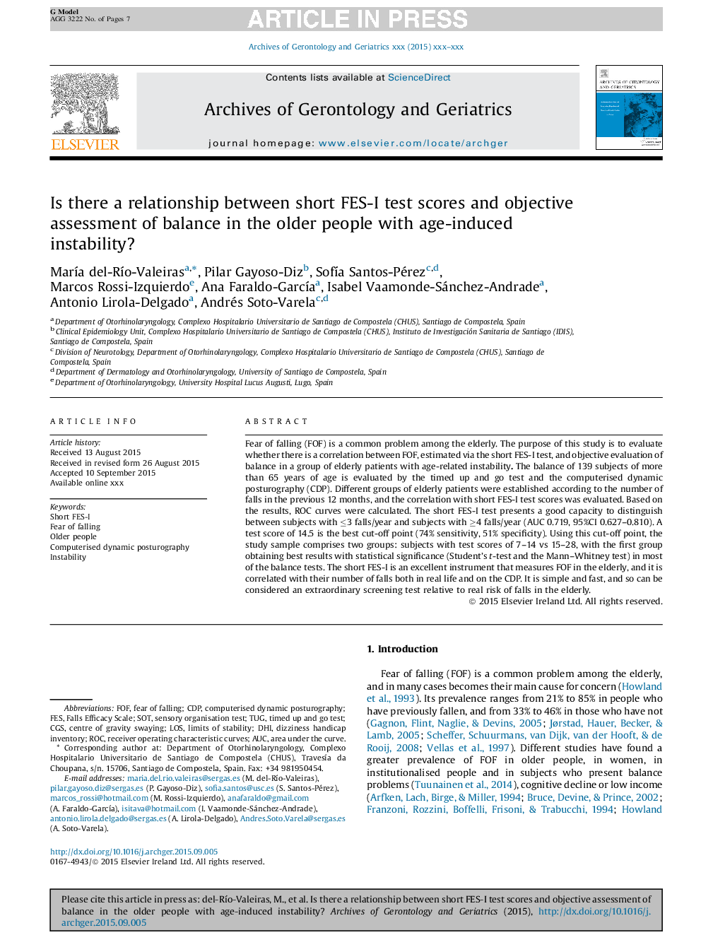 Is there a relationship between short FES-I test scores and objective assessment of balance in the older people with age-induced instability?