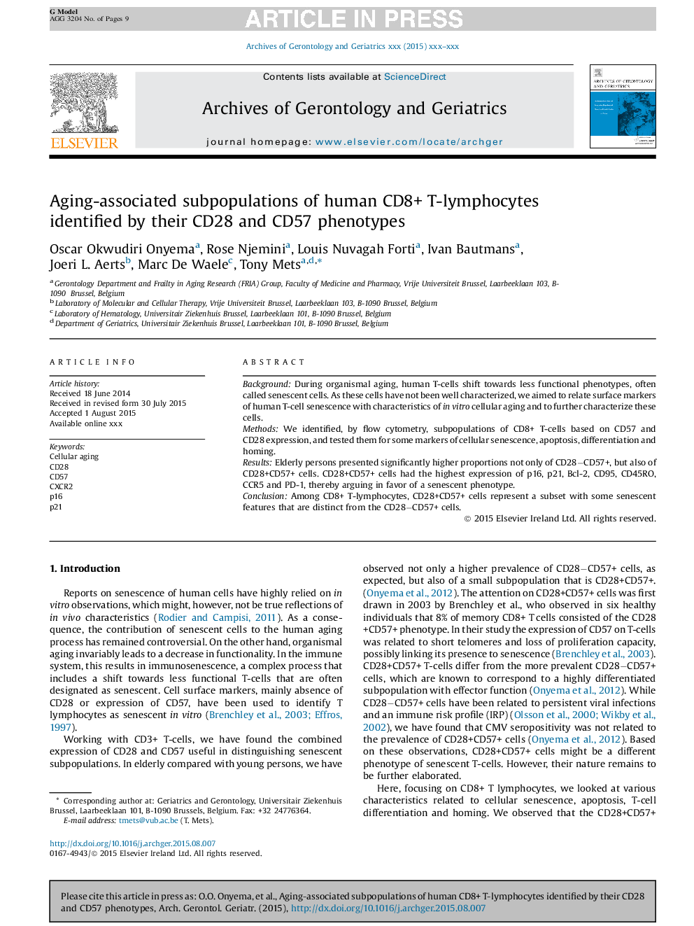 Aging-associated subpopulations of human CD8+ T-lymphocytes identified by their CD28 and CD57 phenotypes