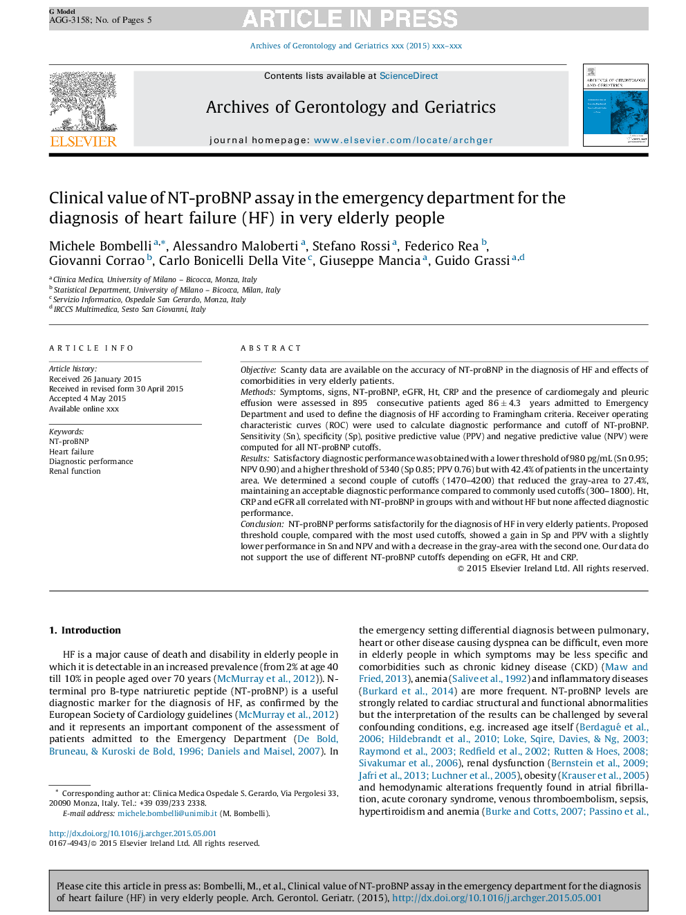 Clinical value of NT-proBNP assay in the emergency department for the diagnosis of heart failure (HF) in very elderly people