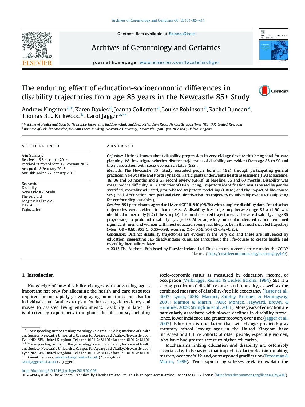 تأثیر پایدار تفاوتهای تحصیلی، اقتصادی و اجتماعی در مسیرهای معلولیت از سن 85 سالگی در مطالعه نیوکاسل 85+ 