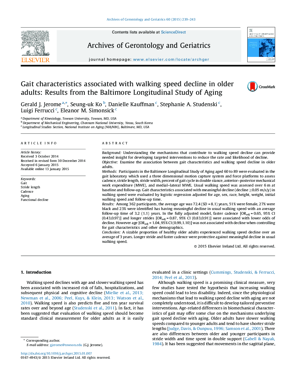 Gait characteristics associated with walking speed decline in older adults: Results from the Baltimore Longitudinal Study of Aging