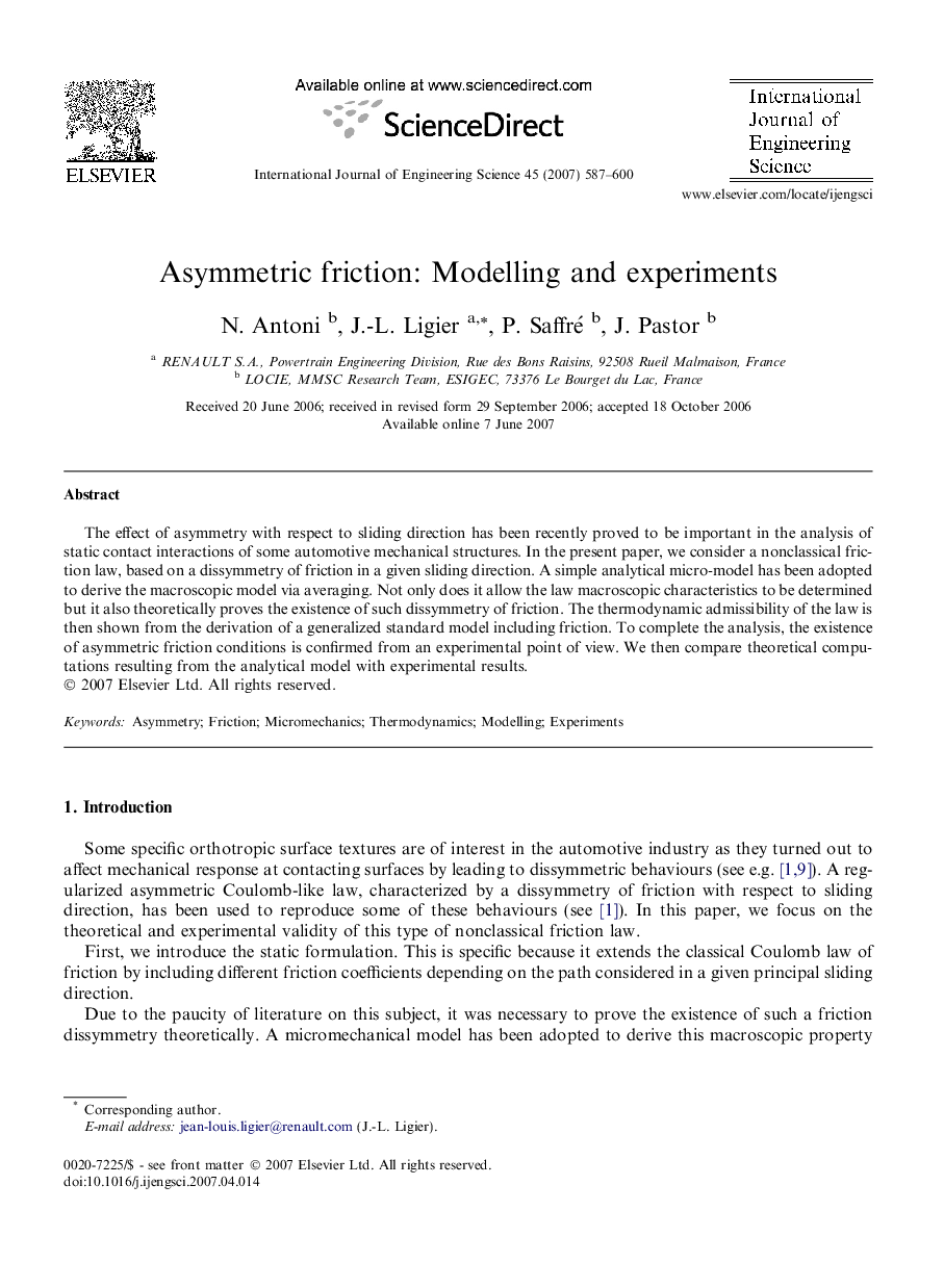 Asymmetric friction: Modelling and experiments